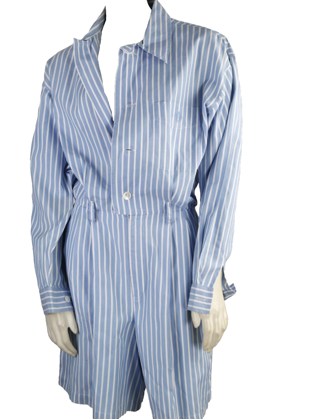 Vintage Ralph Lauren Romper 10 Blue White Striped Cotton Long Sleeve Shorts Jump